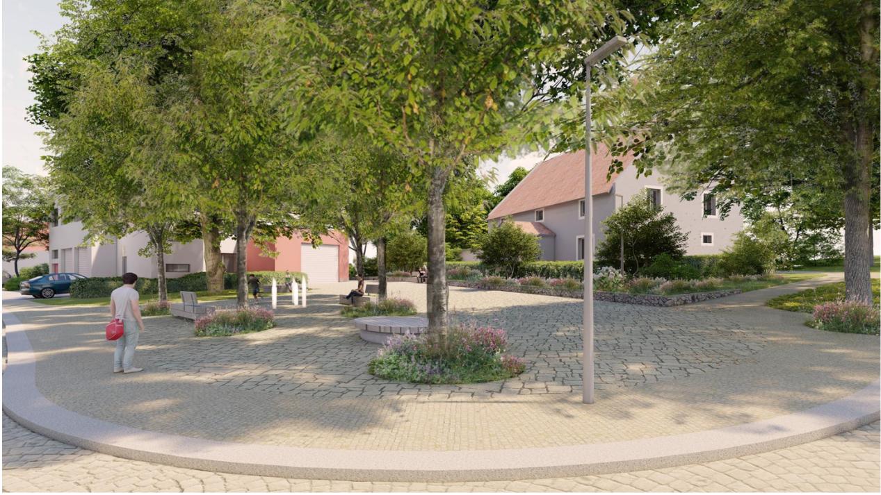 Vizualizace zklidněné ulice u Rychty s kvetoucími záhony